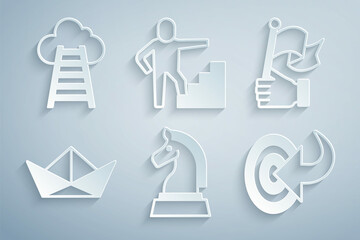 Set Chess, Hand holding flag, Folded paper boat, Target, Stair with finish and icon. Vector