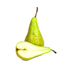 Fresh green organic whole pear close up isolated on white background.