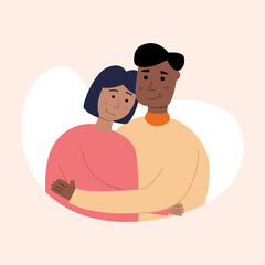 A woman and a man embrace each other and hug. Vector illustration of cartoon character flat.