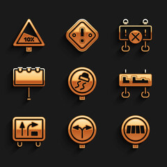Set Slippery road traffic, Fork in the, Pedestrian crosswalk, Road sign, Billboard with lights, barrier and Steep ascent and descent icon. Vector