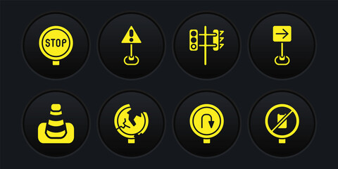 Set Traffic cone, sign turn right, Road traffic, Turn back road, light, Exclamation mark in triangle, No cell phone and Stop icon. Vector