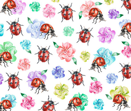 A pattern of flowers and ladybugs. Idea for textiles, prints, covers and more. Watercolor.  