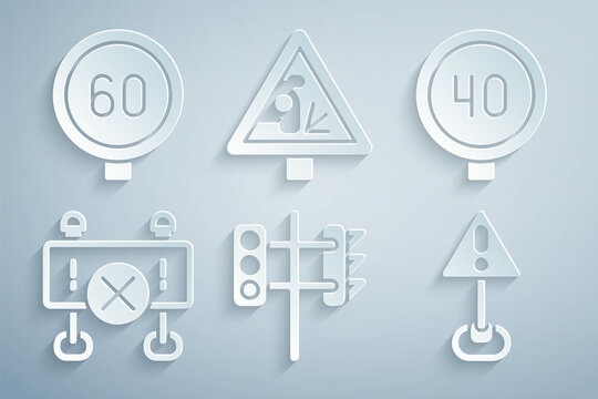 Set Traffic light, Speed limit traffic, Road barrier, Exclamation mark in triangle, Warning road sign and icon. Vector