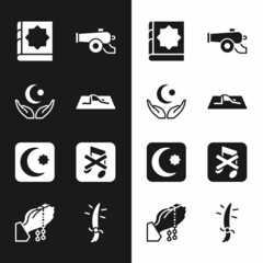 Set Muslim man prays, Star and crescent, Holy book of Koran, Ramadan cannon, Speaker mute, Arabian saber and Hands in praying position icon. Vector