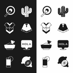 Set Poncho, Gong, Cactus, Nachos in bowl, Hola, Lime and Tequila glass with lemon icon. Vector © vector_v