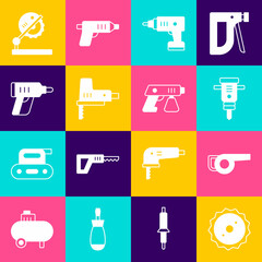 Set Circular saw blade, Leaf garden blower, Construction jackhammer, Electric cordless screwdriver, jigsaw, Table for woodwork and Paint spray gun icon. Vector