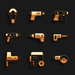 Set Electric cordless screwdriver, Power electric generator, Angle grinder, Rotary hammer drill machine, jigsaw, Paint spray gun and icon. Vector