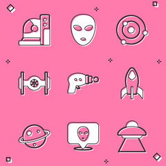Set Astronaut helmet, Alien, Solar system, Cosmic ship, Ray gun, Rocket, Planet Saturn and icon. Vector