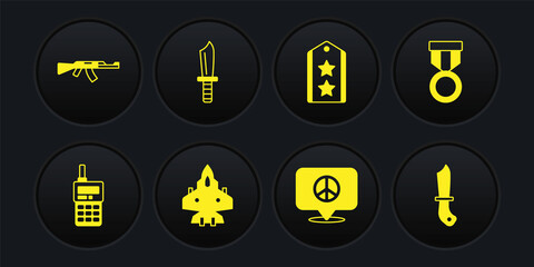 Set Walkie talkie, Military reward medal, Jet fighter, Location peace, rank, knife, and Submachine gun icon. Vector