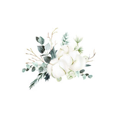 Watercolor white cotton floral bouquet clipart, Forest greenery borders. Green floral borders for Christmas, winter wedding invitations, valentine cards, feminine logo