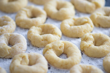 Detail of homemade pastry made with flour, sugar and lemon, about to be baked