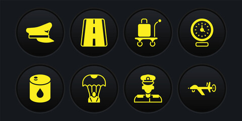 Set Barrel oil, Clock, Parachute, Pilot, Trolley baggage, Airport runway, UAV Drone and hat icon. Vector