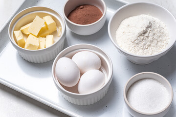 Baking ingredients in bowls: flour, eggs, sugar, butter. White background.