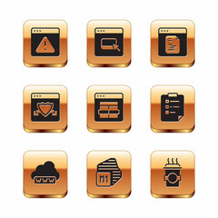 Set Browser with exclamation mark, Web development, Processor, MySQL code, shield, Software, Coffee cup to go and files icon. Vector