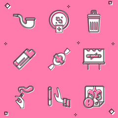 Set No pipe smoking, Stop smoking, money saving, Trash can, Lighter, Candy, Hand with cigarette and Giving up icon. Vector