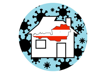 Austria confinada en casa por el coronavirus o Covid-19. Mapa de Austria con su bandera y dentro de casa debido a la amenaza de contagios por el coronavirus o Covid-19