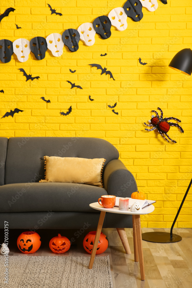 Poster Modern room decorated for Halloween. Festive interior