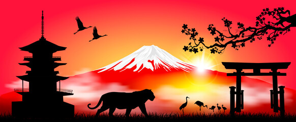 Tiger on the background of Mount Fuji. Tiger as a symbol of the upcoming New Year according to the Eastern calendar. Japanese landscape with Mount Fuji. Rising sun, cranes, pagoda and gate