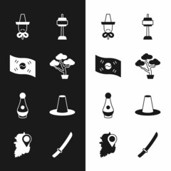 Set Bonsai tree, South Korea flag, Korean hat, N Seoul tower in, Soju bottle, Katana and map icon. Vector
