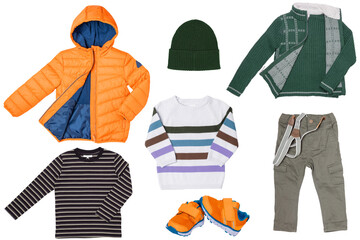Collage set of little boy autumn clothing isolated on a white background. Denim trouser or pants,...