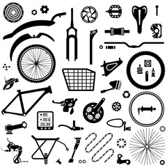 Bicycle parts, tools, and accessories isolated silhouettes