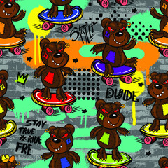 Seamless pattern with crazy monster bear on skate . for graphic tees, kids textile, clothes, banner, girls, women, child. 
