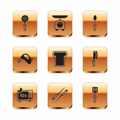 Set Spatula, Microwave oven, Food chopsticks, Bread toast, Electric mixer, Teaspoon, Barbecue spatula and Scales icon. Vector