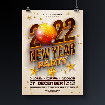 New Year Party Celebration Poster Template Design with 3d 2022 Number and Shiny Disco Ball on Bright Background. Vector Holiday Premium Illustration for Invitation, Flyer or Promo Banner.