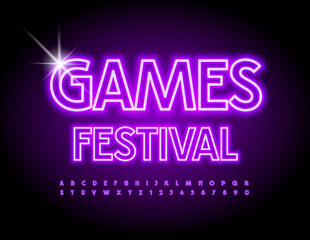 Vector trendy poster Game Festival. Violet Neon Font. Illuminated Led Alphabet Letters and Numbers set