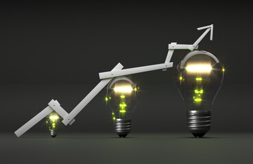 old glowing light bulb with arrow in front of background - 3D Illustration