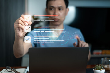Man in a gray T-shirt fills out an online satisfaction survey at home using a virtual screen. Customer Satisfaction Online Concept