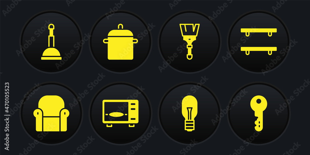 Sticker Set Armchair, Empty wooden shelves, Microwave oven, Light bulb, Paint brush, Cooking pot, House key and Rubber plunger icon. Vector