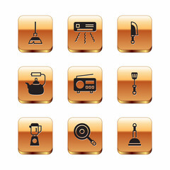 Set Handle broom, Blender, Frying pan, Radio, Kettle with handle, Knife, Rubber plunger and Air conditioner icon. Vector