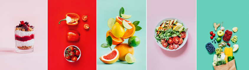 collage of photos with dishes on colored backgrounds