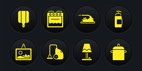 Set Picture, Antibacterial soap, Vacuum cleaner, Table lamp, Electric iron, Oven, Cooking pot and Cutting board icon. Vector