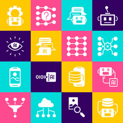 Set Artificial intelligence robot, Neural network, Chat, AI, Robot setting and icon. Vector