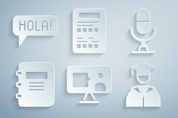 Set Foreign language online study, Microphone voice device, Notebook, Graduate and graduation cap, Exam sheet and Hola different languages icon. Vector © vector_v
