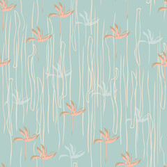 Seamless patterns. Abstract floral pattern. Simple background texture with curved lines, leaves, flowers. Fresh organic design. Light blue, white, pink colors. Fashionable template for design