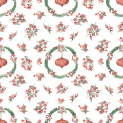 Hand-drawn Christmas pattern with a decorated holiday wreath. Bright seamless watercolor background with fir branches and red berries for scrapbooking, wrapping paper, fabrics and design.