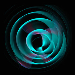 An airy transparent turquoise element is beautifully twisted in a spiral on a black background. Graphic design element. Logo, symbol, sign, icon. 3d illustration. 3d rendering.