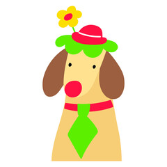 Dachshund dog with red nose. Costume of clown. Vector illustration on white background.