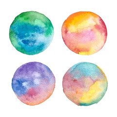 Watercolor spots on white background, collection of four multicolor blobs