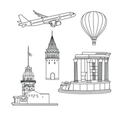 Istanbul Maiden's Tower and Galata Tower. Antalya Side Tyche temple.