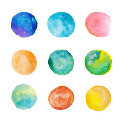 Watercolor spots on white background, collection of twelve multicolor blobs