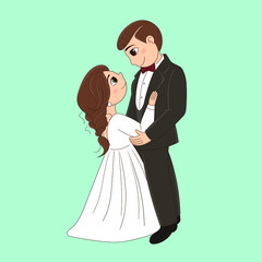 Cute illustration of a bride in a wedding dress and a groom in a tuxedo. Wedding. Drawing of the newlyweds. Husband and wife. Creating a new family. Suitable for creating wedding designs, invitations