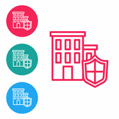 Red line House with shield icon isolated on white background. Insurance concept. Security, safety, protection, protect concept. Set icons in circle buttons. Vector.