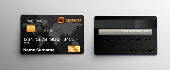 Black credit card set. Sire and top view cards with shadow isolated on white background. online shopping illustration. can use for web, apps, infographics Premium Vector