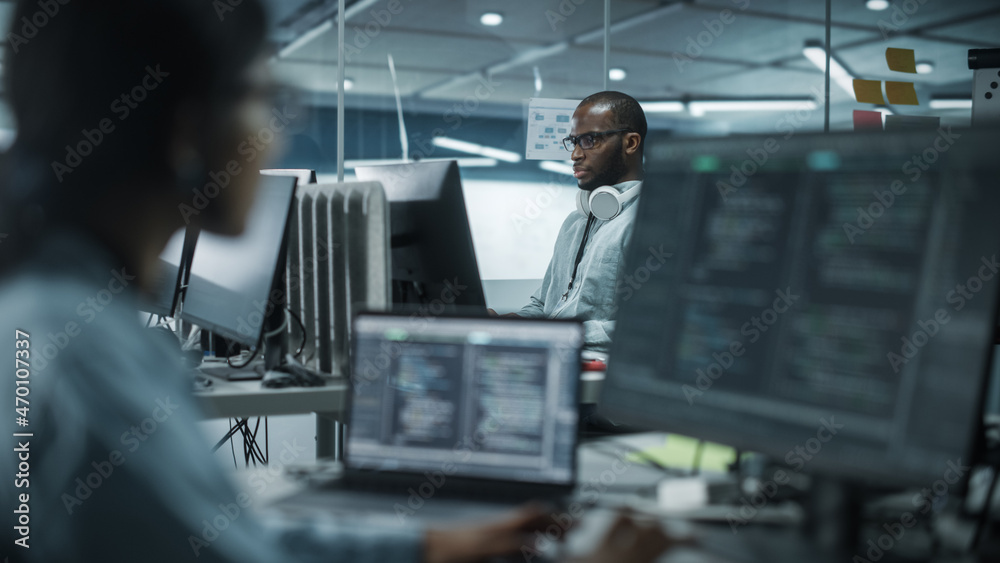 Poster Diverse Multi-Ethnic Team in Office: Indian Female and Black Male IT Programmers Working on Desktop Computer. Specialists Creating Software. Engineers Developing App, Program.