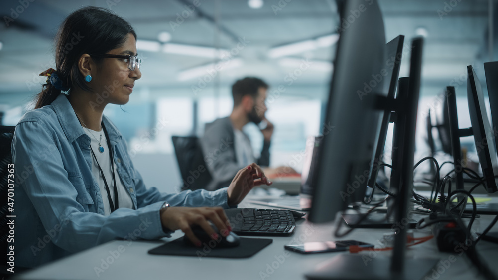Aufkleber Real Diverse Office: Indian IT Programmer Working on Desktop Computer. Female Specialist Creating Innovative Software. Engineer Developing App, Program, Video Game. Writing Code in Terminal.