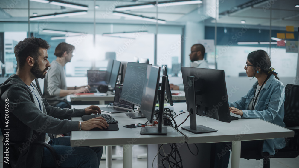 Poster Diverse Multi-Ethnic Team Working in Big City Office: IT Programmers Working on Desktop Computers. Specialists Creating Innovative Software. Engineers Developing Inspiration App, Program.